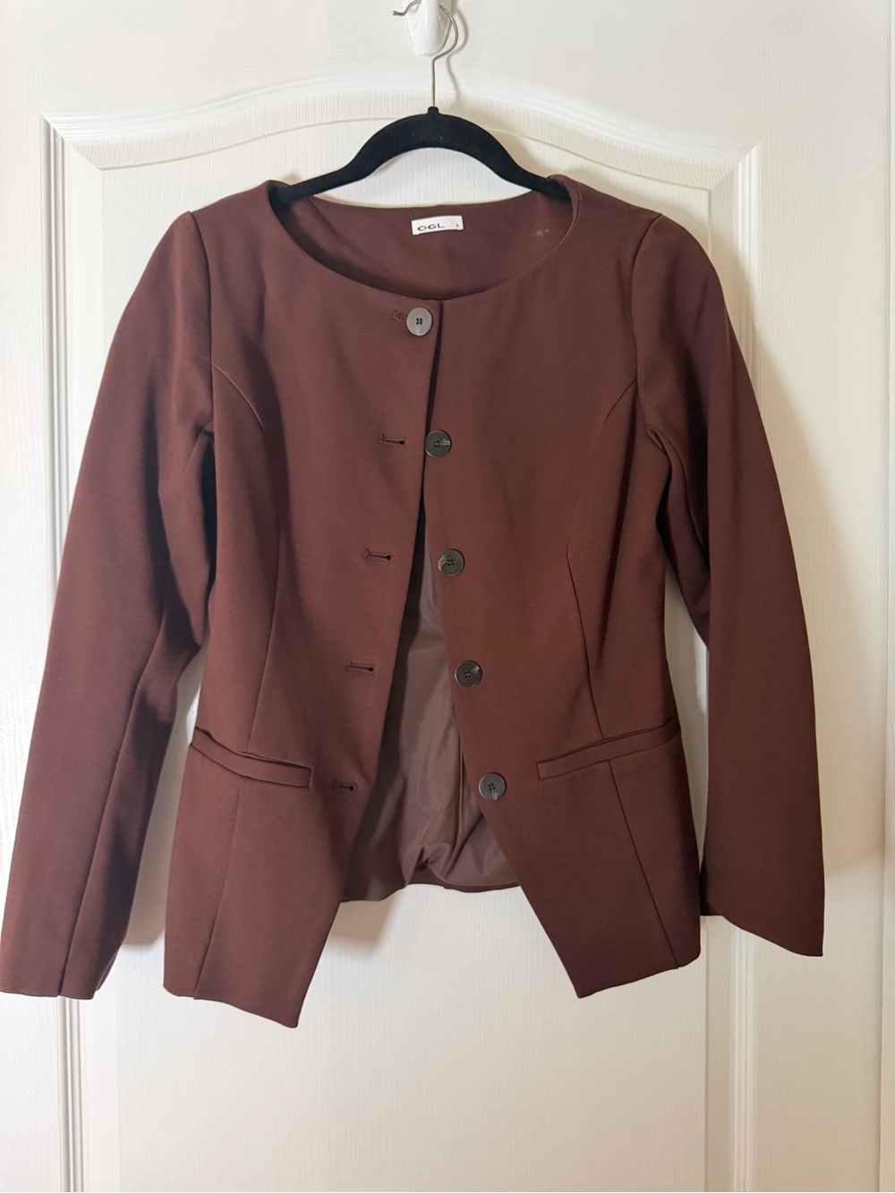 OGL Chocolate Brown Round-Neck Button Blazer